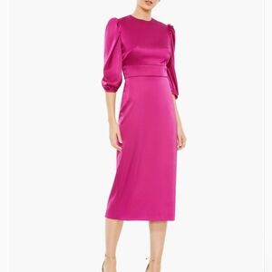 Mac Duggal Puff Sleeve Satin Midi Cocktail Dress